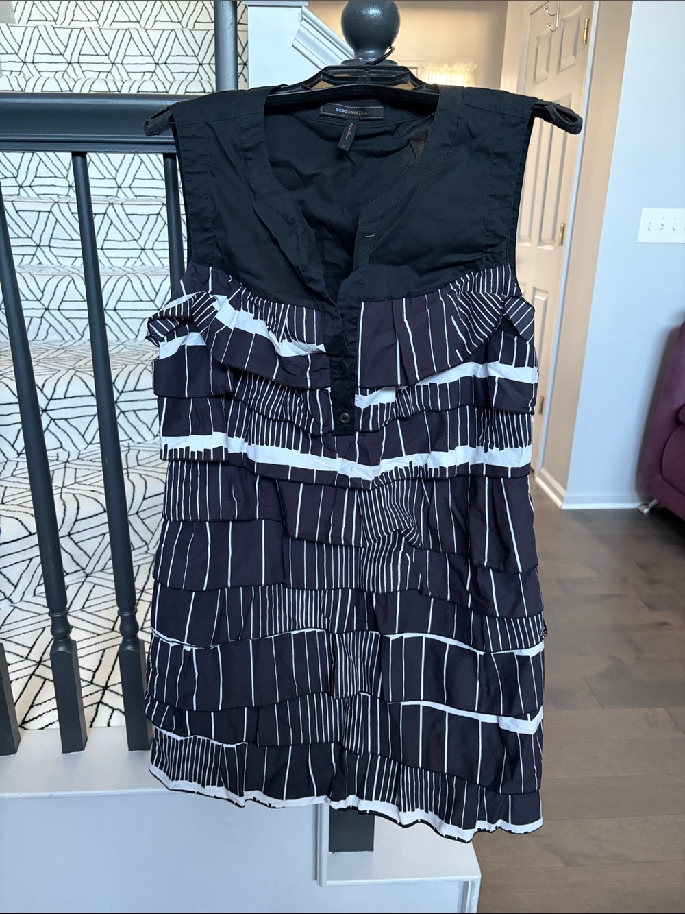 BCBGMaxAzria Black and White Sleeveless Ruffle Tiered Dress